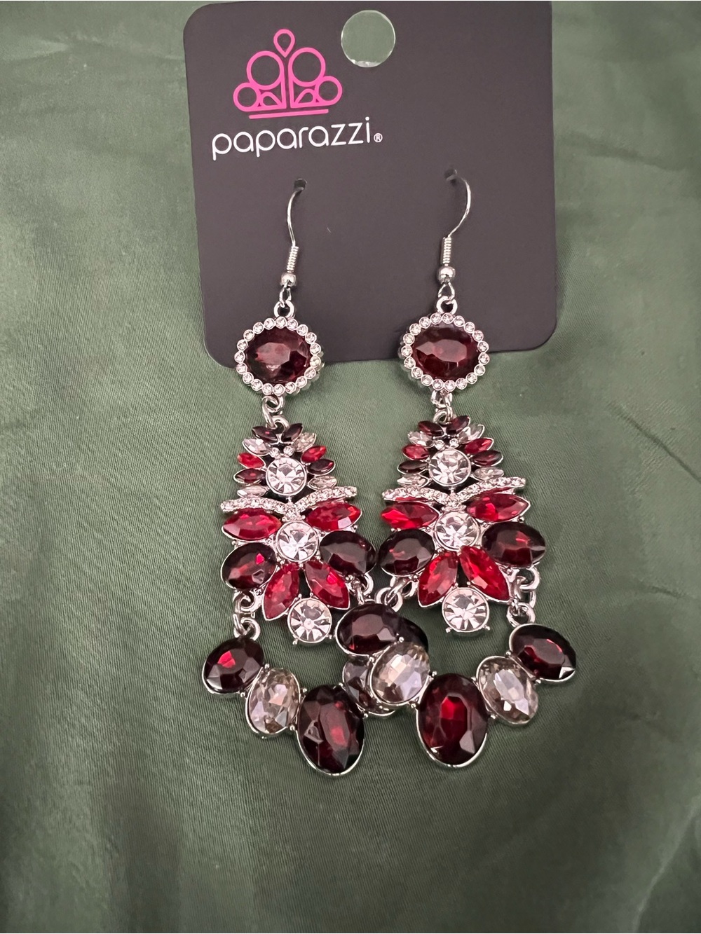 paparazzi Garnet and Clear Crystal Chandelier Earrings